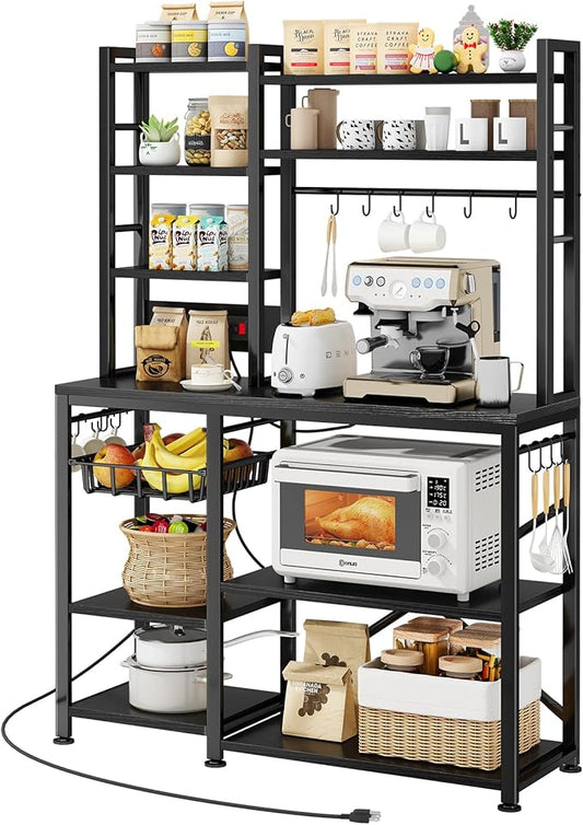 SNTD Baker Rack with Power Outlet - Microwave Stand with Storage, Large Coffee Bar Station with 14 Hooks, Metal Kitchen Shelf Rack for Spices, Pots (Rustic Black)