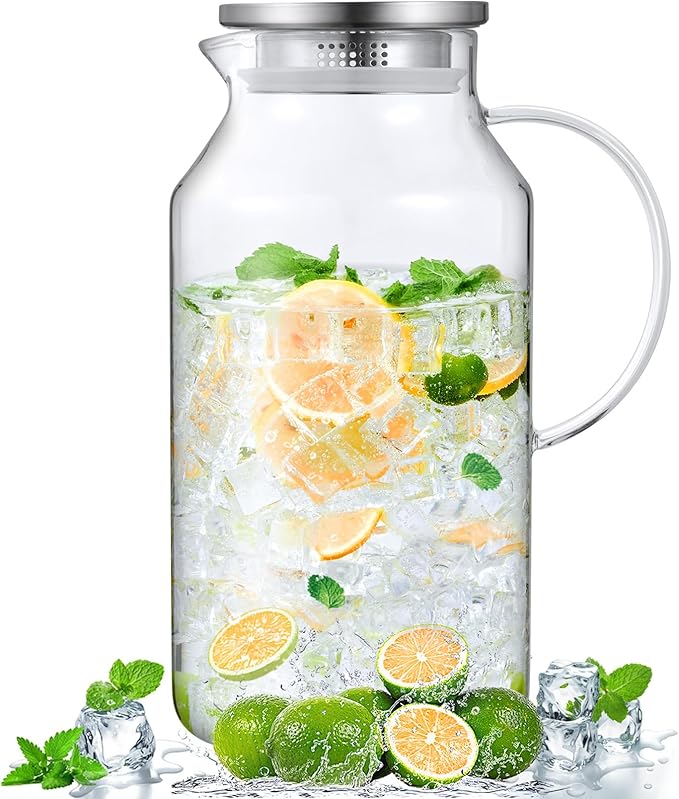 Bivvclaz 1 Gallon Glass Pitcher with Lid and Handle, Glass Water Pitcher for Fridge, Glass Carafe for Hot/Cold Water, Iced Tea Pitcher, Large Jug for Coffee, Juice and Homemade Beverage