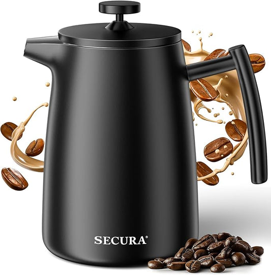 Secura 50oz French Press Coffee Maker – 304 Stainless Steel, Insulated Coffee Press with Extra Filter, Black