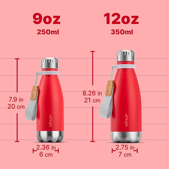 VINUR Kids Water Bottle-12 oz Stainless Steel Double Wall Vacuum Insulated Water Bottle for School-Cola Shape Flask with Carry Rope(Canyon Red)