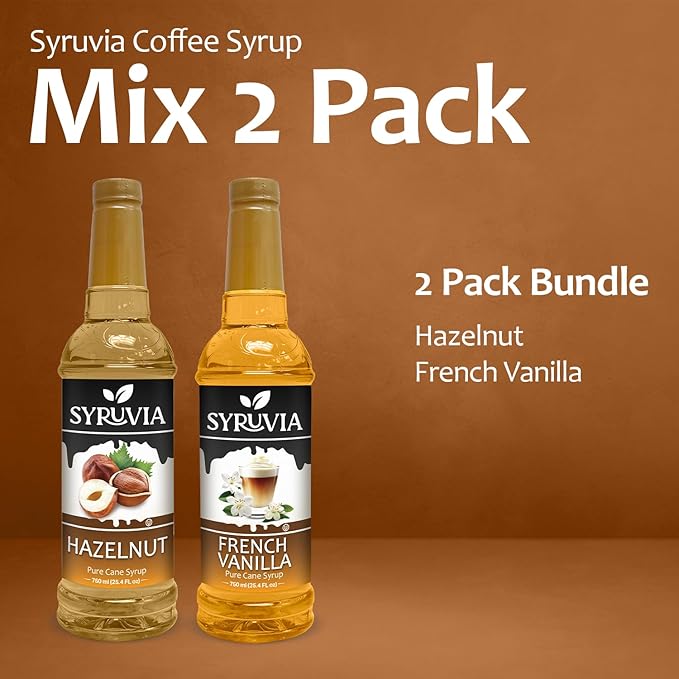 Syruvia Coffee Syrup Variety Pack - Hazelnut & French Vanilla- Gluten-Free, Kosher, 25.4 fl oz Bottles - Enhance Your Coffee Experience with Premium Flavoring Syrups