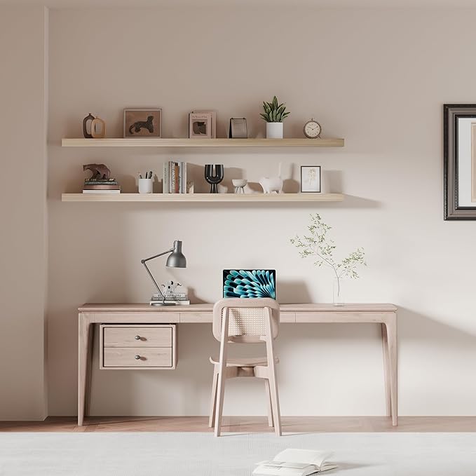 60 inch Long Floating Shelves for Wall,Solid Wood Long Shelves Set of 2,Natural Rustic Mounted Shelves for Bathroom Living Room (Natural, 60 Inch)