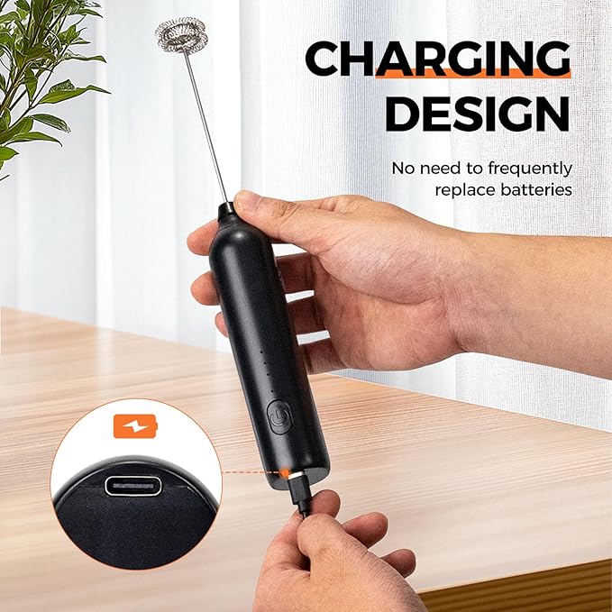 Milk Frother Rechargeable Handheld Electric Whisk Coffee Frother 3 Speed Adjustable Foam Maker Blender for Coffee Matcha Latte Cappuccino Hot Chocolate Kitchen Gifts (Black)