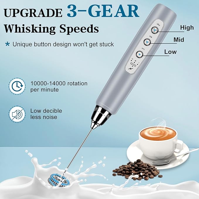 Milk Frother Handheld for Coffee, Electric Whisk 3 Speed Adjustable, Drink Mixer with Stainless 3 Whisks, Rechargeable Hand Frother Wand, Foam Maker for Latte Cappuccino Hot Chocolate Egg