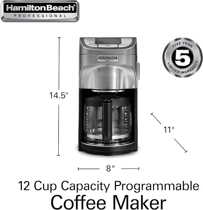 Hamilton Beach Professional Programmable Drip Coffee Maker, 12 Cup Capacity Ergonomic Carafe, 60oz Removable Reservoir,120 volts, Brushed Metal (49500)