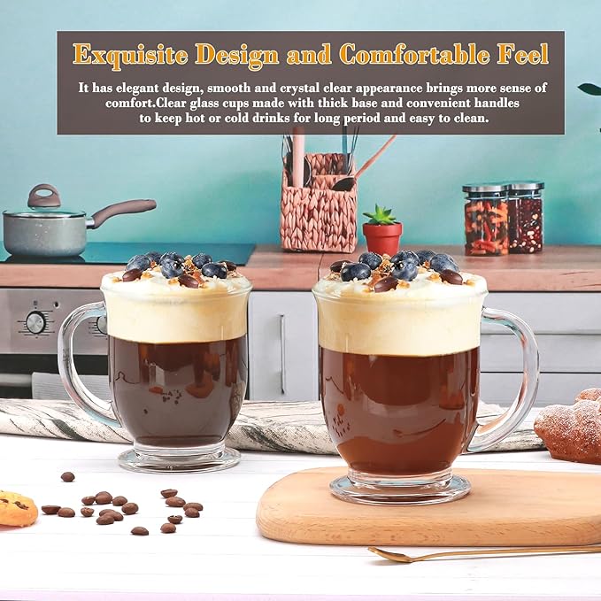 Glass Mugs, 4 Pack 15 Oz Clear Large Mugs With Handles for Hot and Cold Drinks, Perfect for Coffee, Latte, Cappuccinos, Tea and More