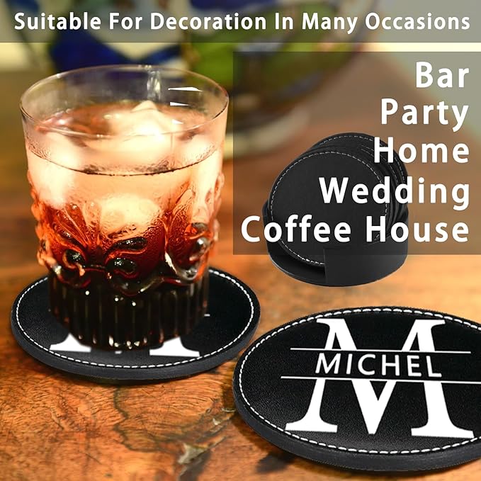 Personalized Coasters, Custom Set of 6 Leather Coaster for Drinks with Holder, DIY Name/Photo/Logo, Non-Slip, Heat Resistant, Waterproof for Coffee Table Bar Beer Wine Cup Housewarming