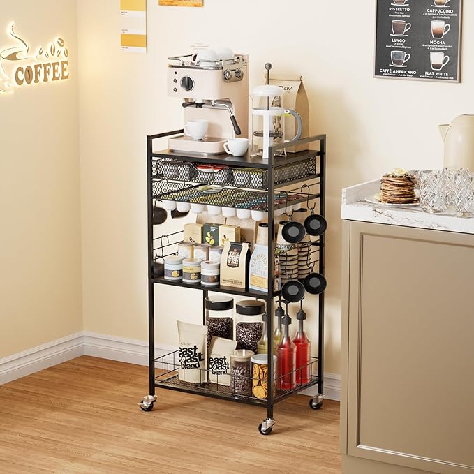 Coffee Bar Station with Storage Drawer - 5 Tier Coffee Table Countertop Organizer for K Cups, Tea Bags, Sugar Storage and Kitchen Cabinets (Black)