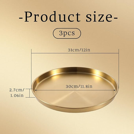 12 Inch Gold Round Serving Tray, 3 Pack Stainless Steel Coffee Table Tray, Modern Decorative Vanity Trays for Coffee Table Bar Vanity Bathroom Candle Display