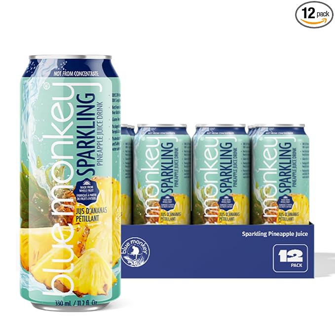 Blue Monkey Sparkling Pineapple Juice - Real Fruit Juice, No Sugar Added, All Natural, Lightly Carbonated, Halal Certified - Refreshing Tropical Sparkling Water Alternative - 11.2oz (330ml) 12 Pack