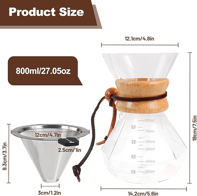 Pour Over Coffee Maker 800ml 27.1oz Glass Drip Coffee Maker with 304 Stainless Steel Filter High Borosilicate Glass Duckbill Spout Solid Wood Handle Pour Over Coffee Dripper for Daily Brewing