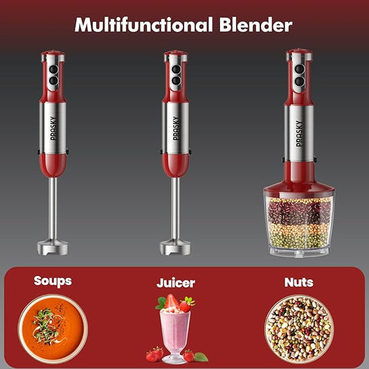 Immersion Blender Handheld Hand Blenders, 20 Speed & Turbo Mode Hand Held Blender, Heaviest Duty Copper Motor, Stainless Steel Blades, Milk Frother Wand, Whisk, 600ml Beaker, 500ml Chopper (Red)