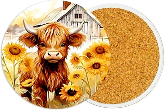 2Pack Highland Cow Ceramic Coasters Absorbent Coasters for Drinks with Cork Base,Coaster for Table Office Desk Coffee Cup Wine Beer Bar Cup Mat 3.9 Inch,Highland Cow Gifts for Women,Men