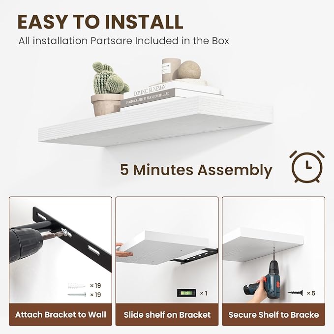 72 inch Floating Shelves for Wall, 12 Inch Deep Floating Shelf, Hanging Shelf with Invisible Brackets, Rustic Wooden Wall Shelves for Bathroom, Bedroom, Living Room,Farmhouse Set of 1,White