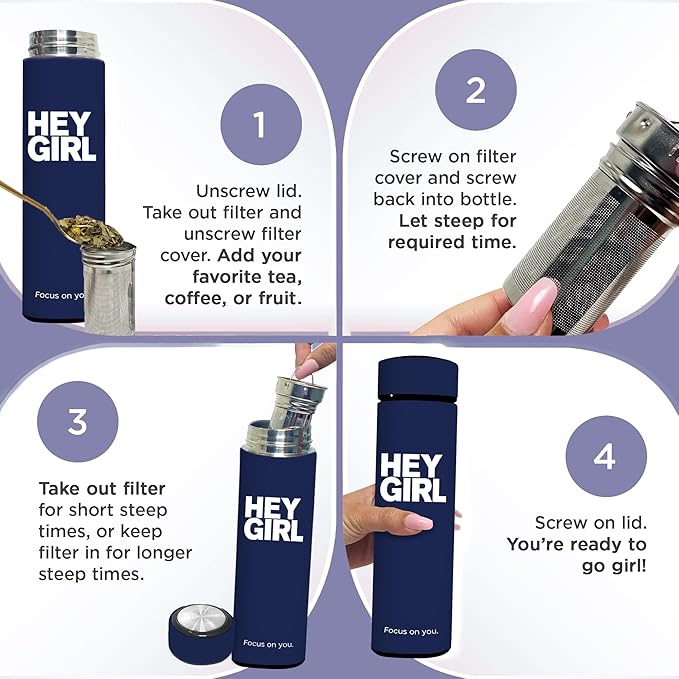 Hey Girl Tea Infuser Bottle 450ml - Insulated Stainless Steel Water Bottle - Tea Tumbler with Tea Diffuser - Portable Travel Mug for Loose Leaf Tea & Infused Water - Tea Lovers Gifts for Women