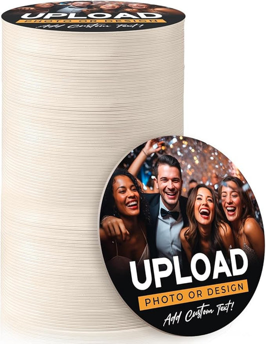 100-Pack, Personalized Drink Coasters, Custom Cardboard Coasters with Photo and Text, Design Your Own Coaster for Events, Parties, Bars and Unique Gifts, 3.95" Round