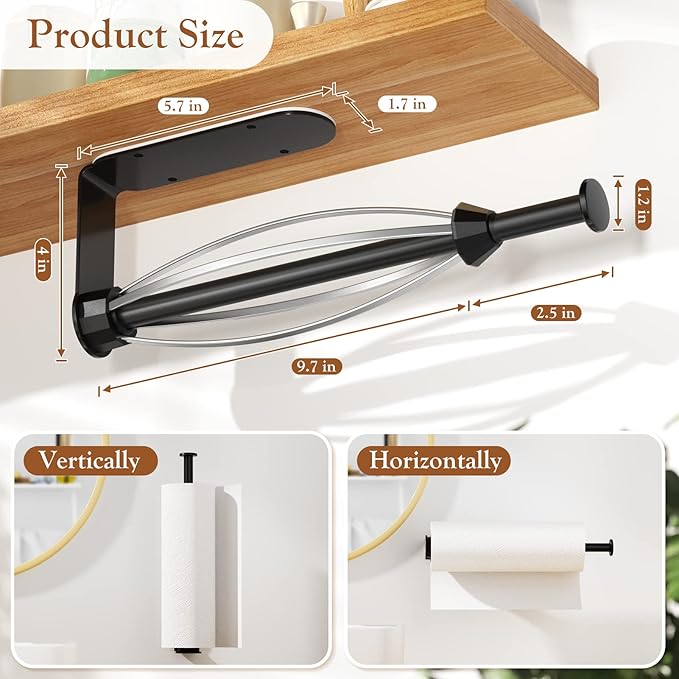 3 Pack Paper Towel Holder Under Cabinet + 2 Towel Robe Hooks, Single Hand Operable Wall Mount Paper Towel Holder with Damping Effect, Adhesive or Drilled Paper Roll Holders for Kitchen, Bathroom, RV