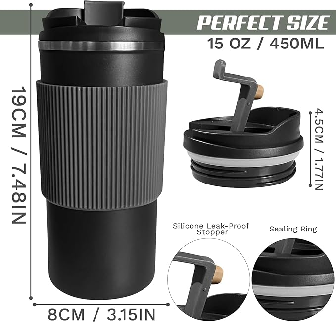 YINBAOGE Upgraded Insulated Travel Coffee Mug, Spill Proof & Leak Proof, Portable Camping Stainless Steel Tumbler, Reusable Thermal Coffee Cup with Lid for Hot & Cold Drinks (4th-Black, 15OZ)