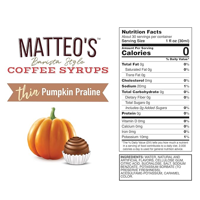 Matteo's Pumpkin Praline Syrup for Coffee, Lattes, Cappuccinos & Desserts – Sugar-Free Sweetener for Beverages, Keto Friendly, Zero Calories, Indulgent Flavor, Non-Alcoholic, 33.8oz (6pk)