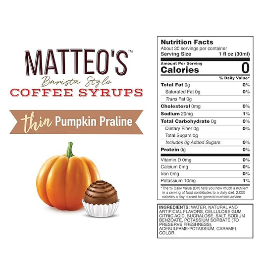 Matteo's Pumpkin Praline Syrup for Coffee, Lattes, Cappuccinos & Desserts – Sugar-Free Sweetener for Beverages, Keto Friendly, Zero Calories, Indulgent Flavor, Non-Alcoholic, 33.8oz (6pk)