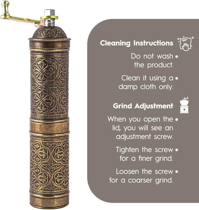 Handmade Turkish Pepper & Coffee Grinder, Refillable Turkish Spice Mill with Adjustable Coarseness, Manual Coffee Mill with Handle, Coffee Grinder Metal with Hand Crank 22 cm-8.66 inch (Antique)