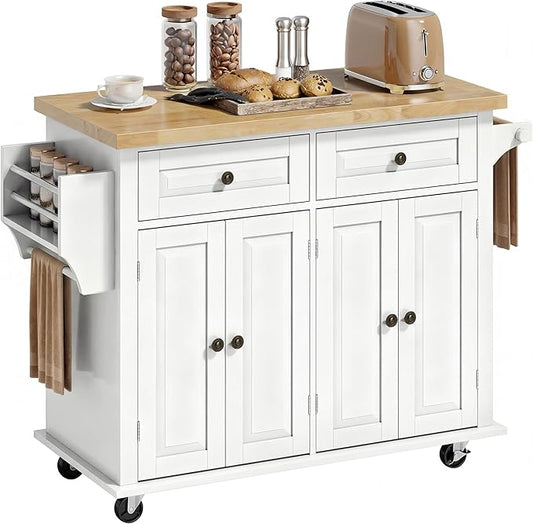 HOMCOM Kitchen Island Cart with Rubber Wood Top, Rolling Kitchen Island Table on Wheels with Drawers, Adjustable Shelves, Spice Rack and Towel Rack for Dining Room, White