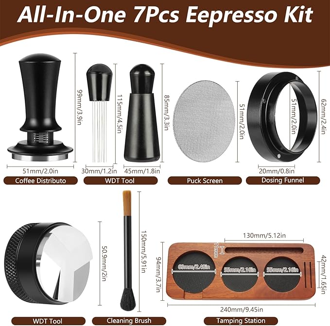 7 PCS Espresso Accessories,51mm Espresso Tamper Tools,WDT Tool Espresso Machine Accessories Kit,Coffee Tamper with Wood Espresso Tamping Station,Distributor,Stirrer,Dosing Funnel,Brush,Puck Screen