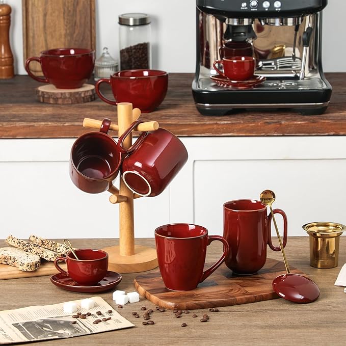 vicrays Ceramic Coffee Mug Set - 18 Ounce Large Stoneware Mug for Men Women - Unique Glazed Porcelain Mugs with Handle for Coffee Latte Tea Milk Cocoa - Set of 4 (Cherry Red)