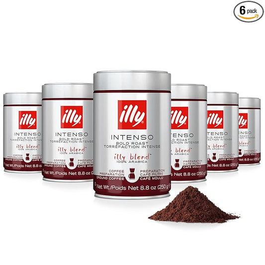 illy Ground Drip Coffee, Intenso Dark Roast, 100% Arabica, Premium Italian Coffee, Pre-Ground for Drip Brewers, 8.8oz, 6 Pack
