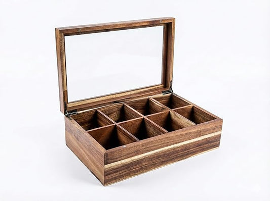 Acacia Wood and Bamboo Tea Bag Organizer - 4 & 8 Compartment Tea Box for Countertop - Tea Station & Coffee Bar Accessories - Fits Large & Craft Tea Bags (Bamboo, 8 Compartment)