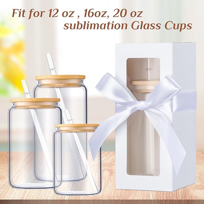 Honoson 24 Pcs Tumbler Gift Box with Ribbon for Sublimation Glass Exhibition Boxes Transparent for 12oz 16oz 20oz Drinking Cup Glasses Jars Mug Can Blanks (White)