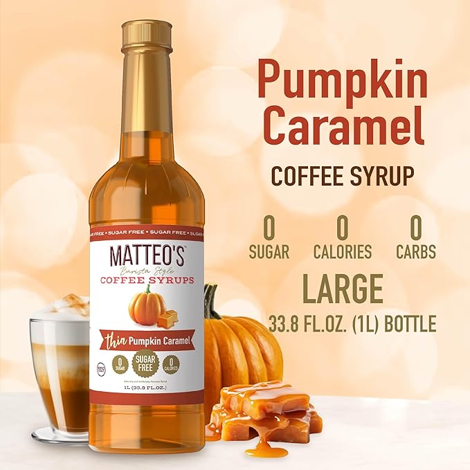 Matteo's Pumpkin Caramel Syrup for Coffee, Lattes, Cappuccinos & Desserts – Sugar-Free Sweetener for Beverages, Keto Friendly, Zero Calories, Indulgent Flavor, Non-Alcoholic, 33.8oz (1pk)