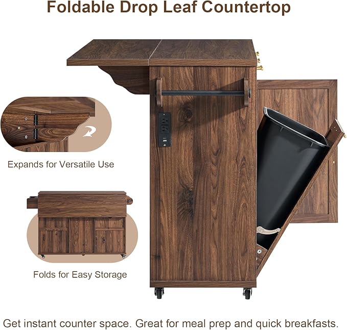 57" Kitchen Island with Storage — Kitchen Rolling Island with Trash Can Storage Cabinet, Power Outlet & Drop Leaf, Large Mobile Island Cart on Wheels with Spice & Towel Rack, Knife Holder (Walnut)