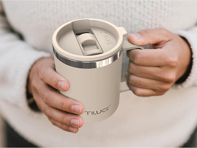 TILUCK 12 oz Insulated Coffee Mug with Lid,Stainless Steel Travel Mug Cup with Handle for Hot or Cold Drinks(MistyGray, 12oz)