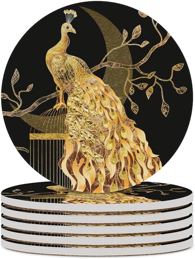 Round-6PCS Peacock Ceramic Coasters, Round Absorbent Drink Coasters, Vintage Tree Branch Beautiful Gold Peacock Ceramic Table Coasters for Coffee, Beverage, Wine, Beer Coasters