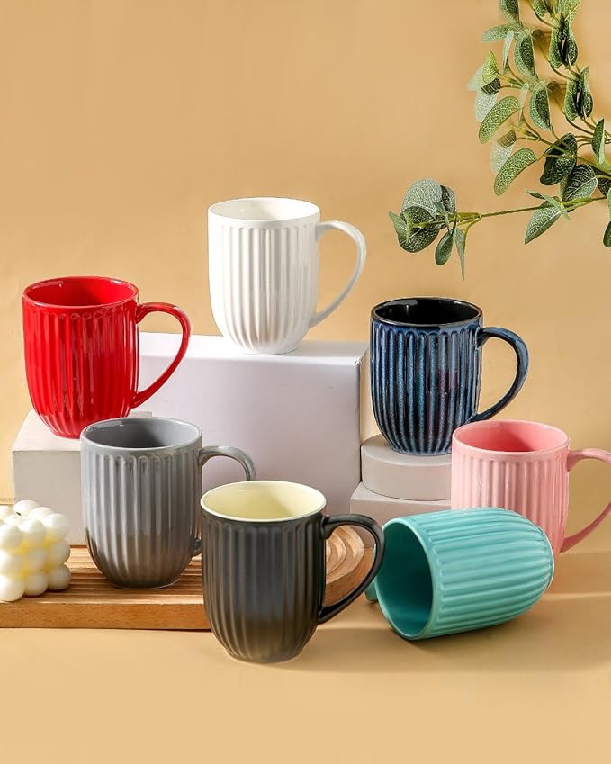 HASENSE Coffee Mugs Set of 4, 16 Oz Large Ceramic Ribbed Latte Cups with Big Handle for Coffee, Tea and Cocoa, Modern Design & Light Weight, Microwave & Dishwasher Safe, Black