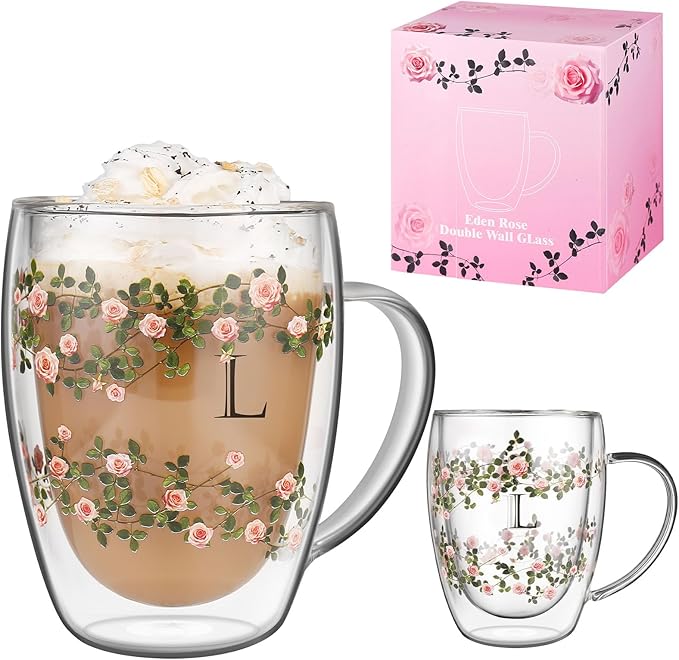 Initial Glass Cup for Women, 12oz Rose Double Walled Glass Coffee Mugs, Personalized Gifts for Women, Initial Coffee Tea Mug with Scarf, Birthday Wedding Gifts for Her Mom Teacher (ROSE-L)