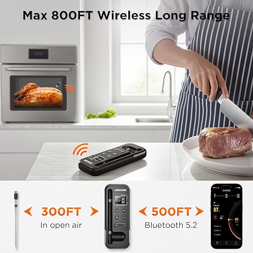 Newise Bluetooth Meat Thermometer with Smart APP, 800FT Wireless Range & LCD Base, Rechargeable Probe, Digital Food Thermometer for BBQ, Grill, Chefs, Air Fryer, Gifts for Men Dad