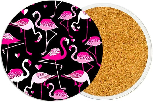 2Pack Flamingo Ceramic Coasters Absorbent Coasters for Drinks with Cork Base,Coaster for Table Office Desk Decor Coffee Cup Wine Beer Bar Cup Mat 3.9 Inch,Flamingo Gifts for Women,Men,Dad