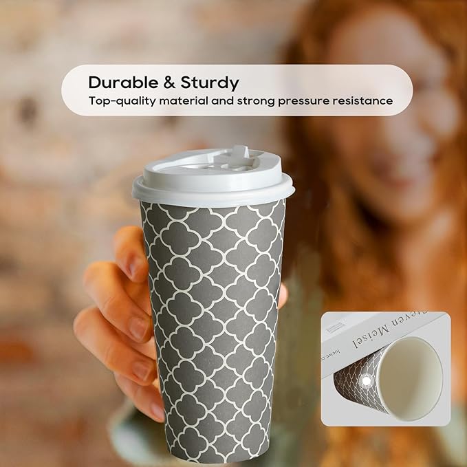 JOLLY PARTY Disposable Coffee Cups with Lids -20 oz (100 Sets) To Go Cups, Paper Coffee Cups for Beverages Espresso Tea, Suitable for Cafes, Offices and Home