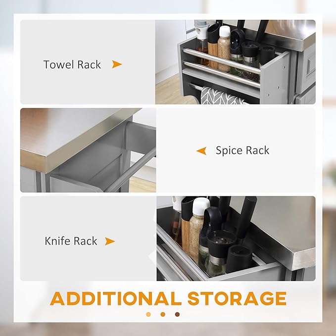 HOMCOM Rolling Kitchen Island Cart with 47" Stainless Steel Top, Portable Island Table for Kitchen with Wheels, Adjustable Shelves, 2 Drawers, Spice, Knife and Towel Rack, Gray