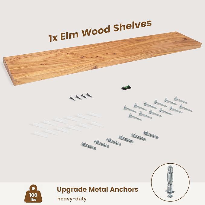 Reclaimed Elm Wood Floating Shelf for Wall, Flat Edge 55"W x 9.2"D x 1.4"H, 1 Pack with Invisible Bracket, Large Wall Mounted Shelf for Living Room Bedroom Kitchen Bathroom Decor, Natural Finish