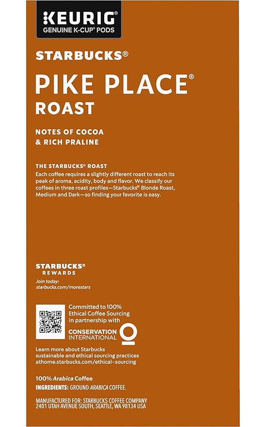 Starbucks Coffee K-Cup Pods for Keurig Brewers, Pike Place Roast, Medium Roast (32 Count (Pack of 4))