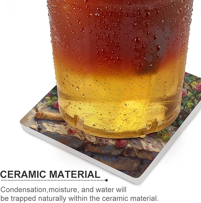 Square-6PCS Red Wine Ceramic Coasters, Square Absorbent Drink Coasters, Oil Painting Style Red Wine Floral Rose Flower Pattern Ceramic Table Coasters for Coffee, Beverage, Wine, Beer Coasters