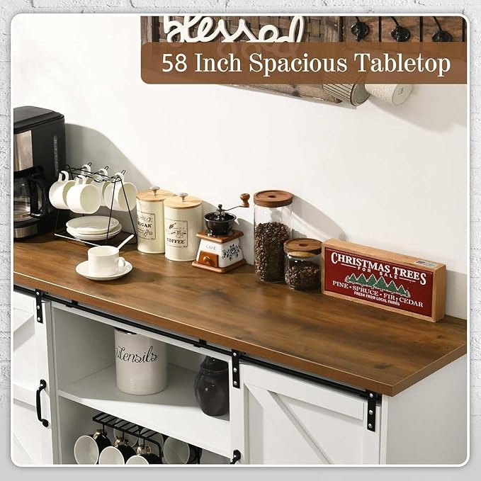 4ever2buy Farmhouse Coffee Bar Cabinet with Storage Sideboard Buffet Cabinet with Sliding Barn Doors 58 inch Buffet Table with Gourd Feet for Dining Room Living Room White