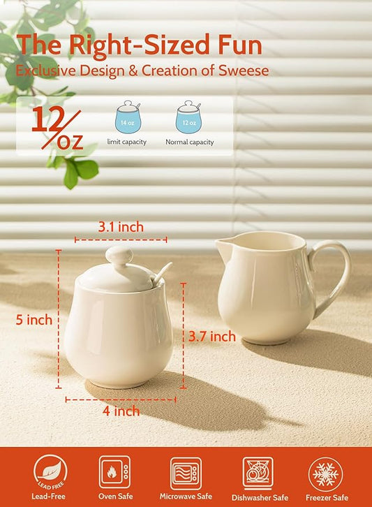 Sweese 12 Ounce Porcelain Sugar and Creamer Set, Coffee Serving Set, 3 Piece with Creamer Pitcher, Sug