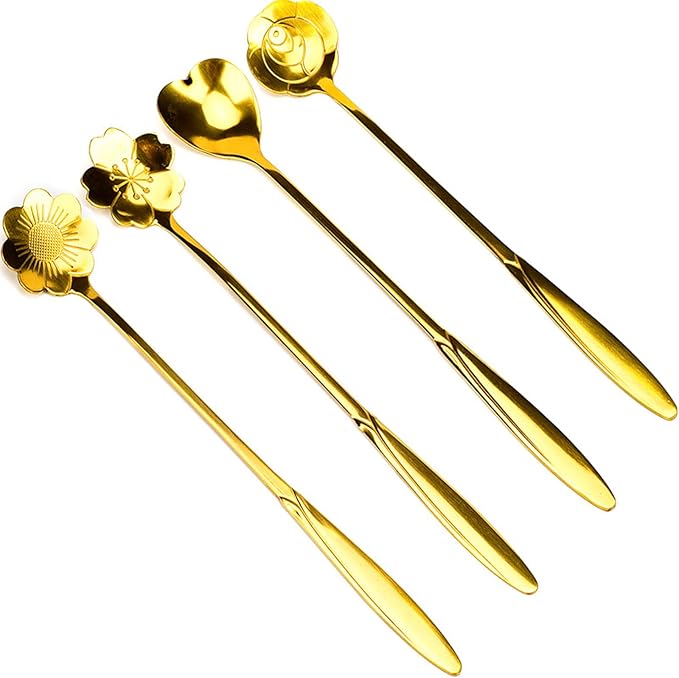 dealcase 4 Pcs Flower Spoon Coffee Teaspoon Set, Drink Stirring Spoon for Tea, Cake, Sugar, Dessert, Ice Cream, Cocktail Stirring, Coffee (Gold)
