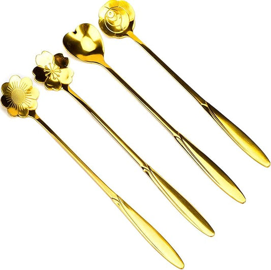 dealcase 4 Pcs Flower Spoon Coffee Teaspoon Set, Drink Stirring Spoon for Tea, Cake, Sugar, Dessert, Ice Cream, Cocktail Stirring, Coffee (Gold)