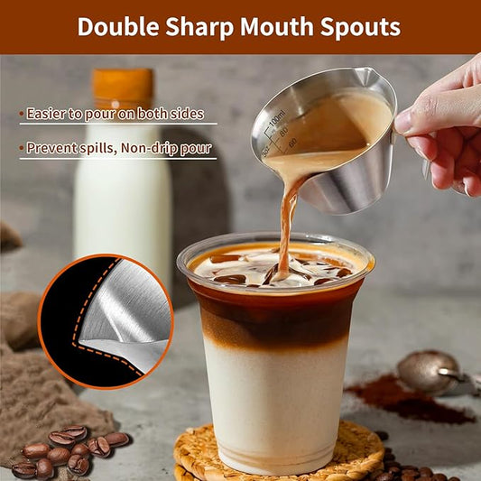 carrottimes 1Pc Stainless Steel Espresso Cups, Double Spout Metal Measuring Cup with Dual Scale, Espresso Shots Cup with Handle, 3.4oz/100ml