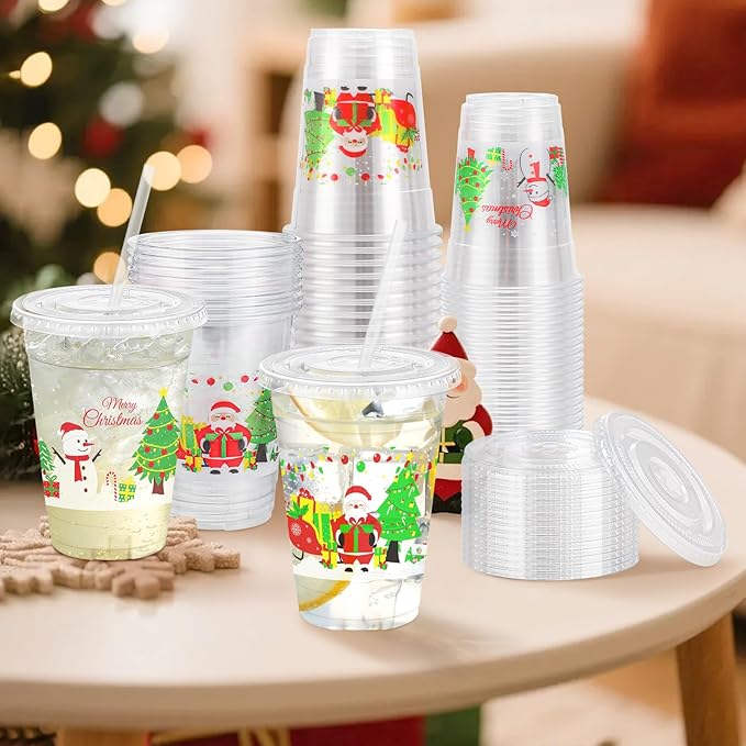 Lamosi 50 Pack 16 oz Christmas Clear Plastic Cups with Lids and Straws, Disposable Snowman Santa Plastic Coffee Cups with Lids for Family Gatherings, Wedding, Parties